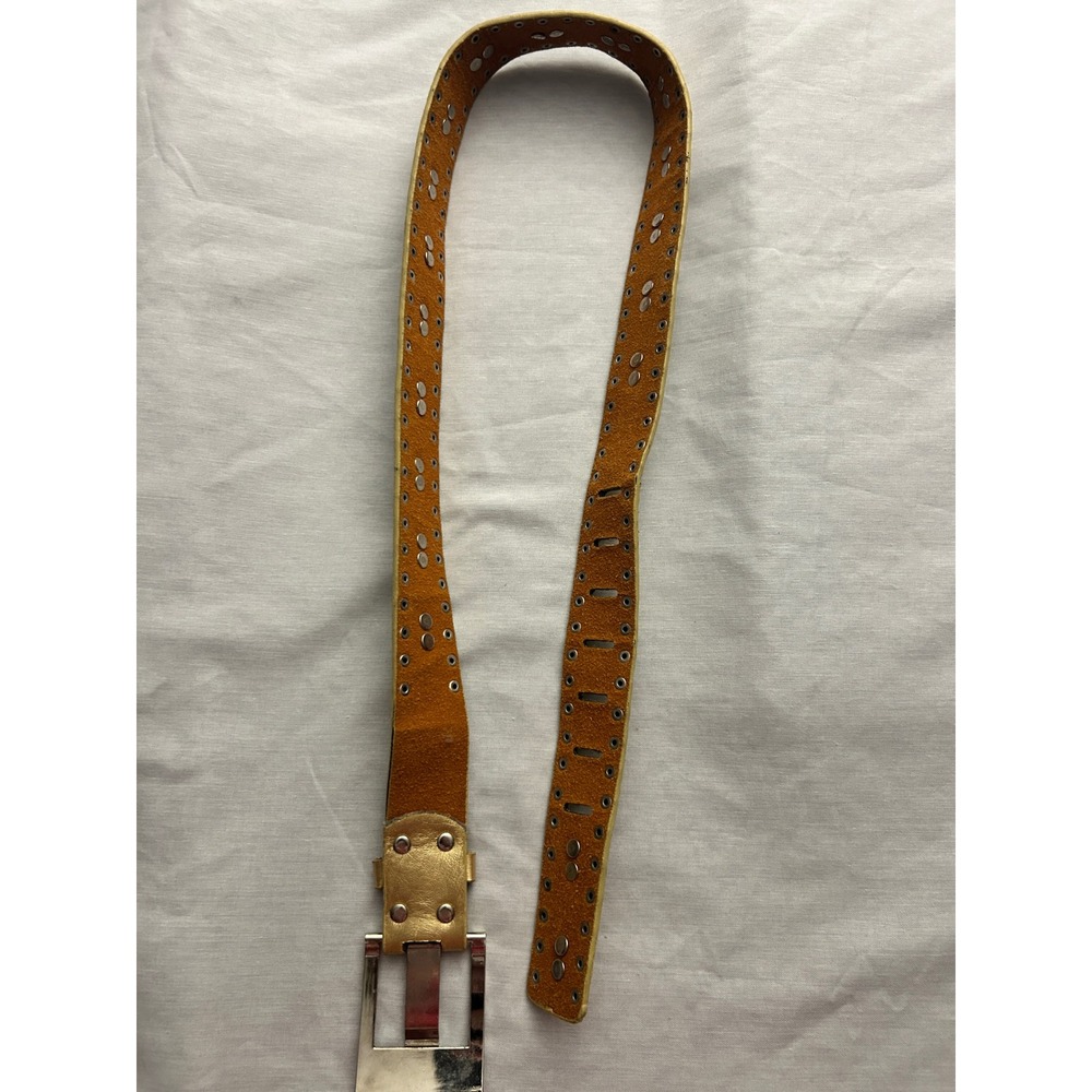 Gold Metallic Leather Studded Crystal Belt Silver Buckle Y2K Glam Boho 40 Inch - Picture 5 of 7